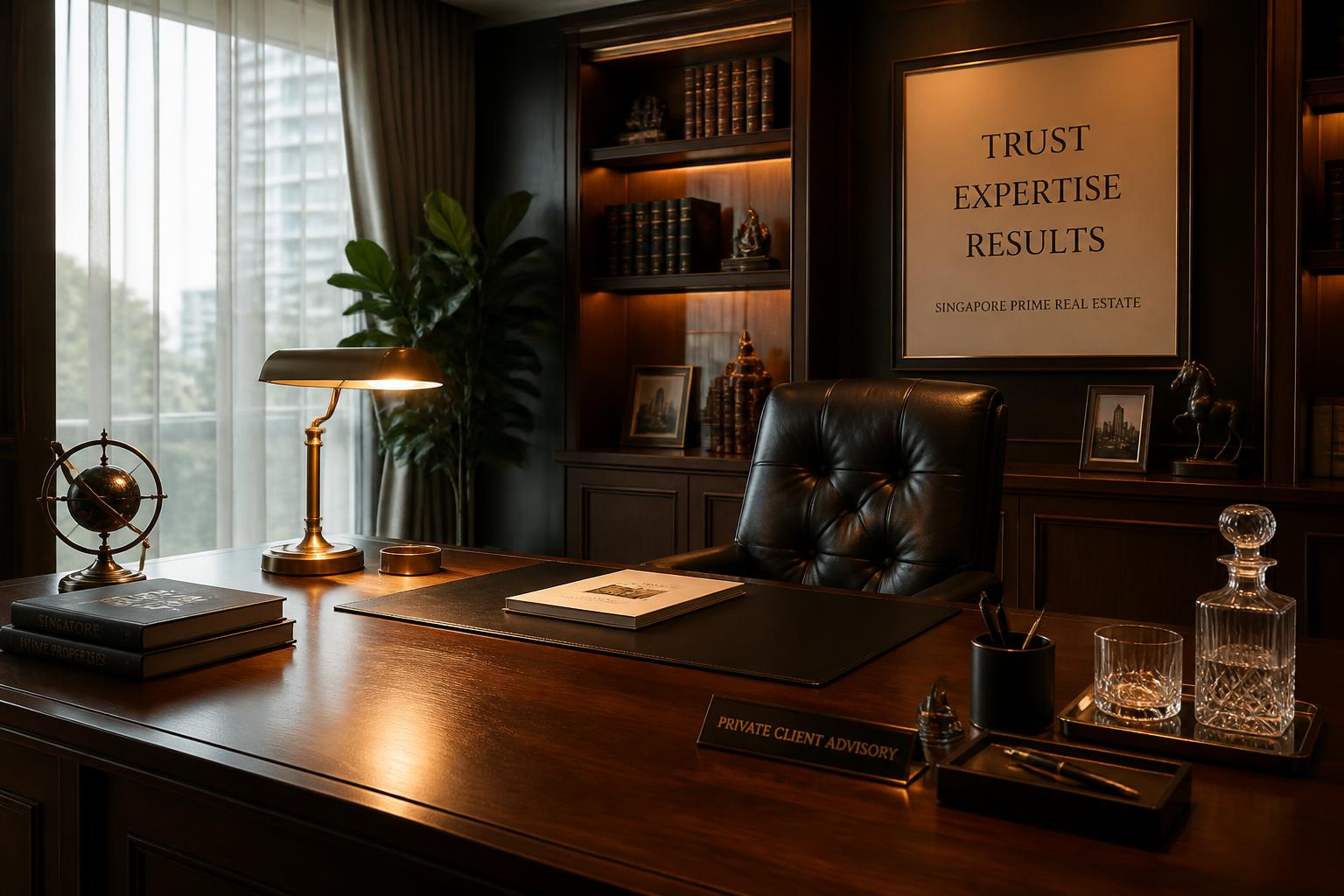 A warm, luxurious private office with walnut desk, brass lamp, and leather-bound bookshelves