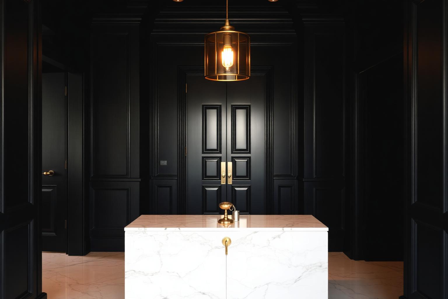 A dark luxury entryway with brass key on marble console