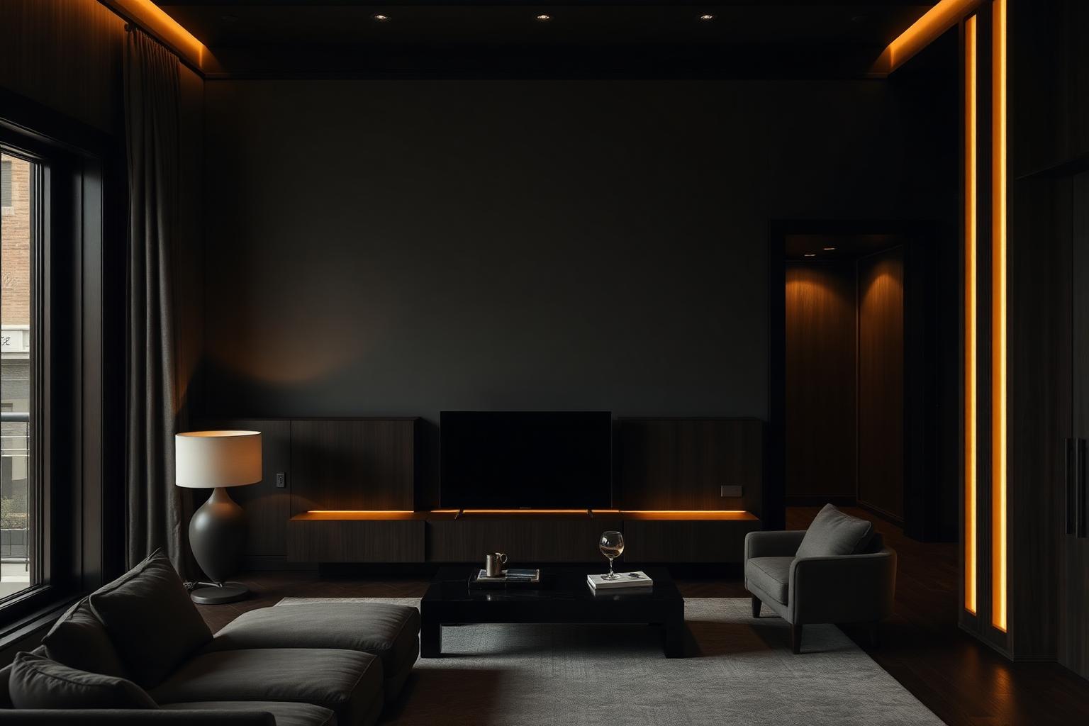 A dark calm apartment interior with warm gold accent lighting