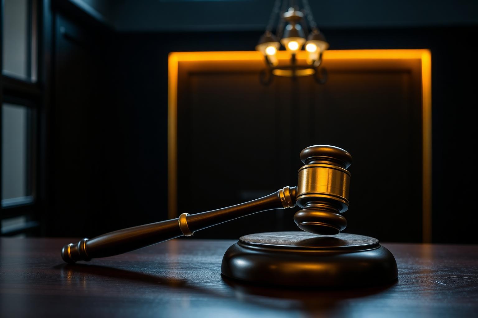A brass auctioneer gavel under warm gold rim light
