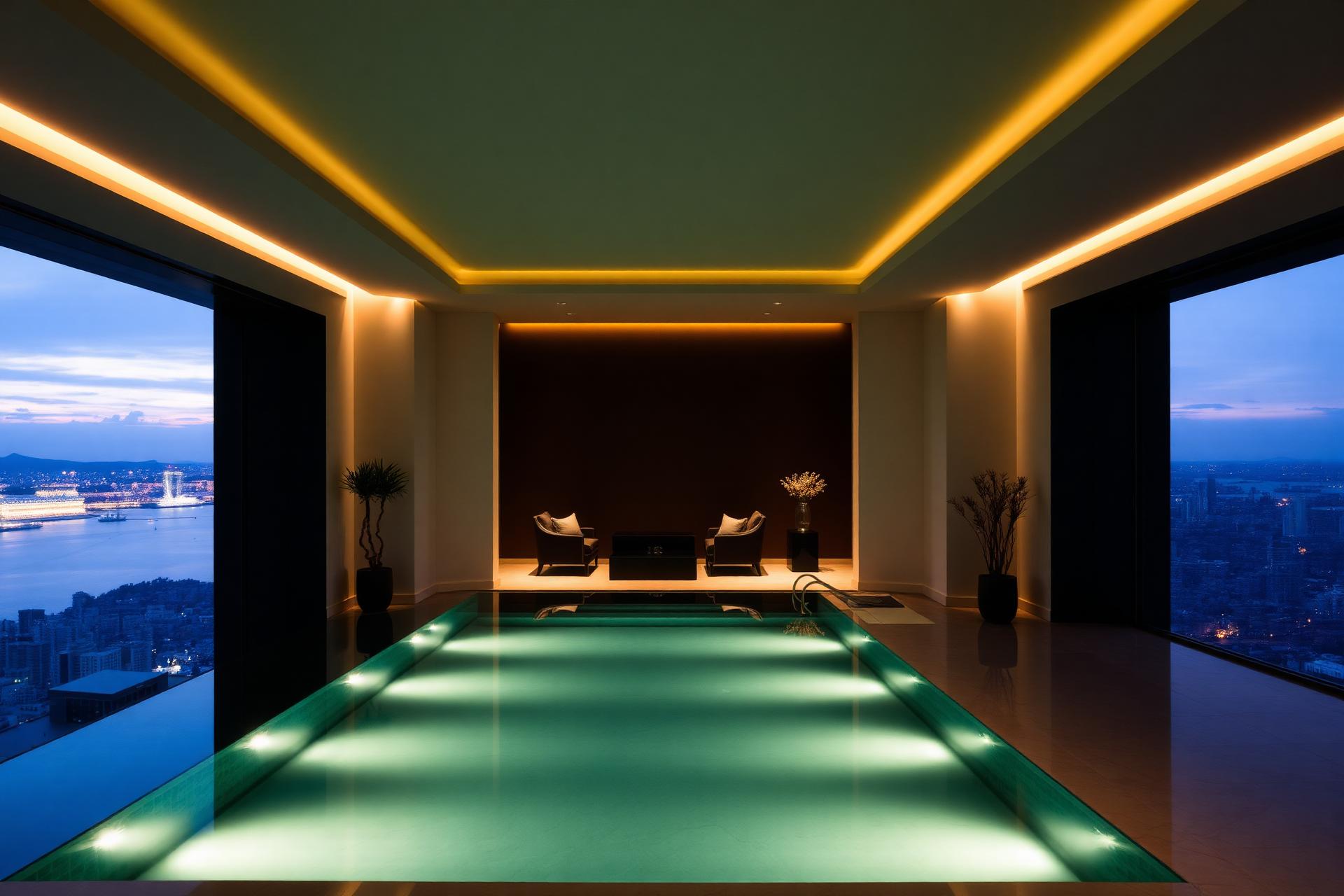 A dark luxury Singapore condominium living space at blue hour
